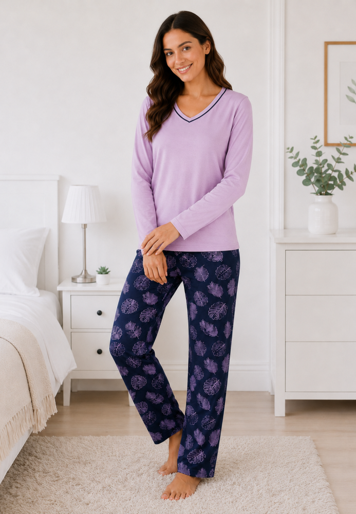 Pijama de damă cu bluză cu maneca lunga și pantaloni lung -Lila,Engros